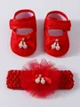 Elegante rote Baby-Spitzenschuhe und Blumen-Stirnband-Set für neugeborene Mädchen Partys - Rot