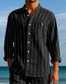 Detailed view of men's black vertical striped linen shirt with stand collar and pocket - S / Tops / Black