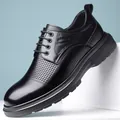 Elegant black lace-up men's leather shoes with perforated details and textured accents - Black Hollow