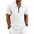 Close-up detail of men's white waffle knit polo shirt featuring a black zipper neck. - S / Tops / White