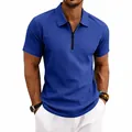 Men's blue waffle knit polo shirt with zipper collar detail and short sleeves - S / Tops / Sapphire Blue