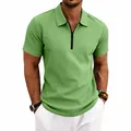 Detailed view of men's green waffle knit polo shirt with stylish zipper lapel design - S / Tops / Fruit Green