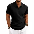 Detail shot showcasing the premium black waffle knit texture on a men's polo shirt - S / Tops / Black