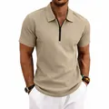 Close-up showing the textured waffle knit fabric of this beige men's polo shirt. - Khaki