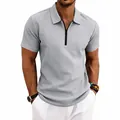 Detailed macro view of grey waffle knit fabric on men's short sleeve polo shirt - Light Gray