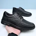 Premium men's breathable perforated black leather business casual dress shoes for summer - Black Perforated