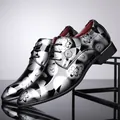 Detailed macro view of men's British style mirror leather shoes with black floral pattern. - 38 / Gray