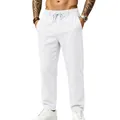 Pantalones de lino blanco para hombre, con cordón y corte recto casual - Blanco