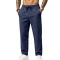 Pantalón casual de lino azul marino para hombre con ajuste holgado y cordón ajustable. - Azul Marino