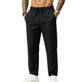 Pantalones casuales de lino negro sueltos para hombre con una cómoda cintura con cordón - Negro