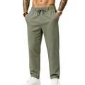 Pantalones informales de lino para hombre con cordón, pierna recta, verde salvia - Verde Militar