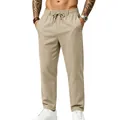 Pantalón informal de lino para hombre con cordón y pernera recta en color beige - Caqui