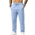 Pantalones casuales de lino azul claro para hombre con cordón - Azul claro