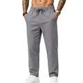 Pantalones casuales de lino para hombre con cordón en gris de corte holgado y recto. - Gris oscuro