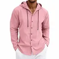 Lässiges rosa Herren-Leinenhemd mit Kapuze und Kordelzug Detail - Rosa