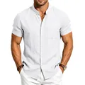 Witte linnen herenshirt met korte mouwen en opstaande kraag casual voor zomer - S / Tops / Wit