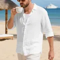 Close-up showing the breathable linen fabric texture of this white casual men's shirt. - S / Top (SK-015) / White