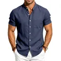 Detail van navyblauw heren linnen shirt met korte mouwen, opstaande kraag en borstzakje - S / Tops / Marineblauw
