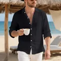 Camicia da uomo in lino nero a maniche lunghe, vestibilità comoda e stile mare casuale - Taglia S / Top / Nero