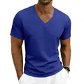 Détail du t-shirt décontracté à manches courtes col en V pour homme bleu uni - S / Hauts / Bleu Saphir