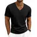 Détail d'un t-shirt noir à col en V pour homme, coupe ajustée et manches courtes. - S / Hauts / Noir