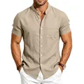 Men's casual beige linen shirt with stand collar and pocket showing fabric texture detail - Light Khaki