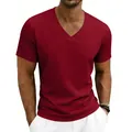 Vue détaillée d'un t-shirt homme bordeaux à col en V et manches courtes décontracté - S / Hauts / Bordeaux
