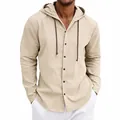 Minimalistisches Herren Kapuzenhemd aus Leinen in Khaki, langärmlig und lässig geschnitten - Khaki