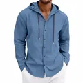 Herren Kapuzenhemd aus Leinen in Blau mit langen Ärmeln und bequemem Tunnelzug Design - Denim-Blau