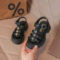 Black girls Roman sandals featuring cute flower decorations and adjustable buckle strap - Size 26 (Inner approx. 16.0CM) / Black