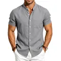 Detailed view of men's gray short sleeve linen shirt featuring a stand collar and pocket - Dark Gray