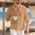Camicia casual da uomo in lino a maniche lunghe color kaki, vestibilità ampia per il mare. - Taglia M / Top / Giallo ocra