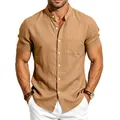 Close-up of a men's khaki linen shirt featuring a stand collar and casual button-down style - Earthy Yellow
