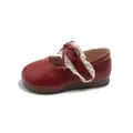 Klassische rote Babyschuhe für Mädchen aus Leder mit Spitze und Schleife - Burgunderrot