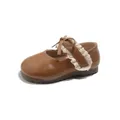 Brauner Lederhalbschuh für kleine Mädchen mit dekorativem Spitzenbesatz und Schleife - Gelb