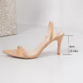 Detailed macro view showing the 8cm heel height of these beige pointed toe stiletto sandals - 35 / Apricot