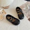 Elegant black carved leather Mary Jane shoes for girls featuring soft non-slip soles - 23 / Low Top Princess Shoes / Black