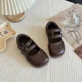 Vintage brown girls' brogue Mary Jane shoes with double buckle straps and soft soles - 23 / Low Top Princess Shoes / Brown