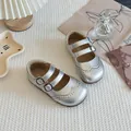 Elegant silver children's Mary Jane shoes featuring brogue carving and double strap buckles - 23 / Double Strap Carved Princess Shoes / Silver