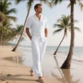 Men's white linen beach set with short sleeve button shirt and matching long pants - White