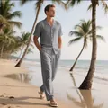 Men's casual stone-grey beach set featuring a short sleeve shirt and relaxed pants. - Gray
