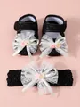 Cute black lace baby girl shoes and matching headband set with large white lace bows - 11 (10.5cm) / Shoe and Headband Set / Black