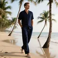 Men's navy blue casual short sleeve shirt and long trousers beach set lifestyle view - Navy Blue