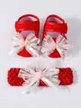 Detail showing red lace baby shoes and matching headband set with white lace bows and roses - 11 (10.5cm) / Shoe and Headband Set / Red