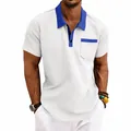Detail of men's waffle knit Polo shirt featuring contrast collar and chest pocket - S / Tops / White