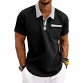 Detail shot of black waffle knit polo shirt with contrast grey collar and pocket. - S / Tops / Black