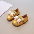 Yellow toddler girl's floral princess shoes decorated with white tulips and green ribbon - 21 / Flower Princess Flats (HL-812) / Inner Length 13.9cm / Yellow