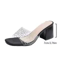 Detailed view of the 7cm block heel and rhinestone transparent strap on these black sandals - Black