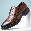 Men's brown Brogue leather shoes with hollow perforated design and thick black sole - 38 / Hollow Out Style (82135-1) / Brown
