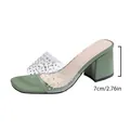 Detail view of transparent rhinestone strap on green chunky heel mule - Green